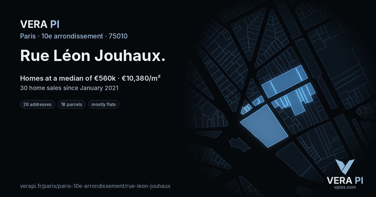 Rue Léon Jouhaux, 10e arrondissement at night – every parcel coloured by the prices around it, the street's own parcels lit