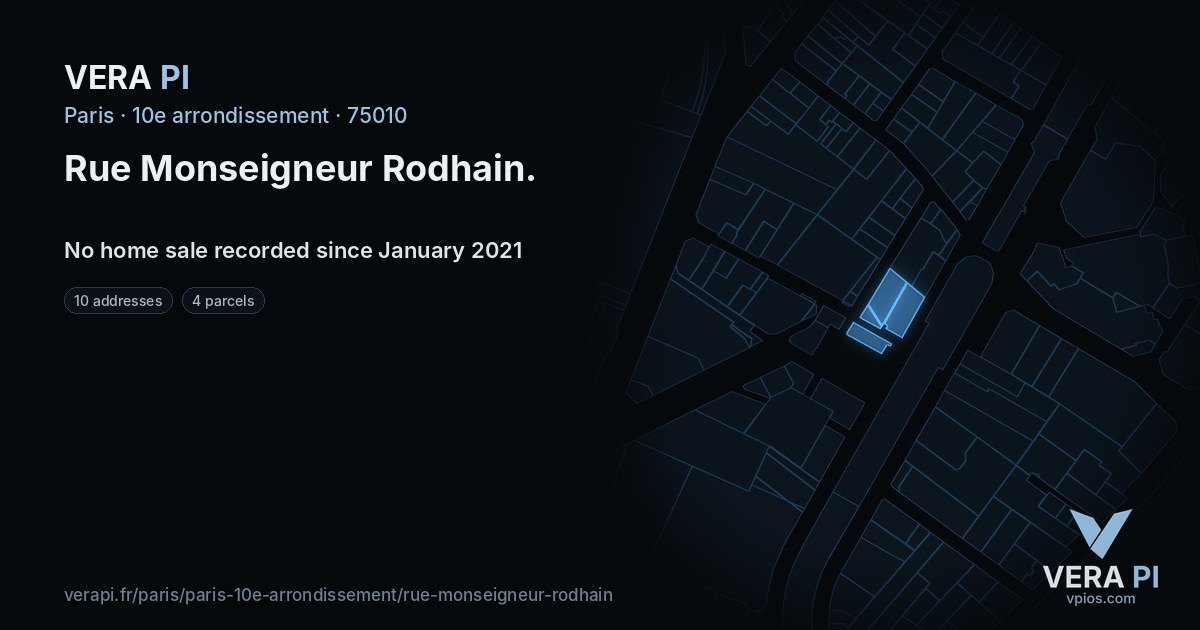 Rue Monseigneur Rodhain, 10e arrondissement at night – every parcel coloured by the prices around it, the street's own parcels lit