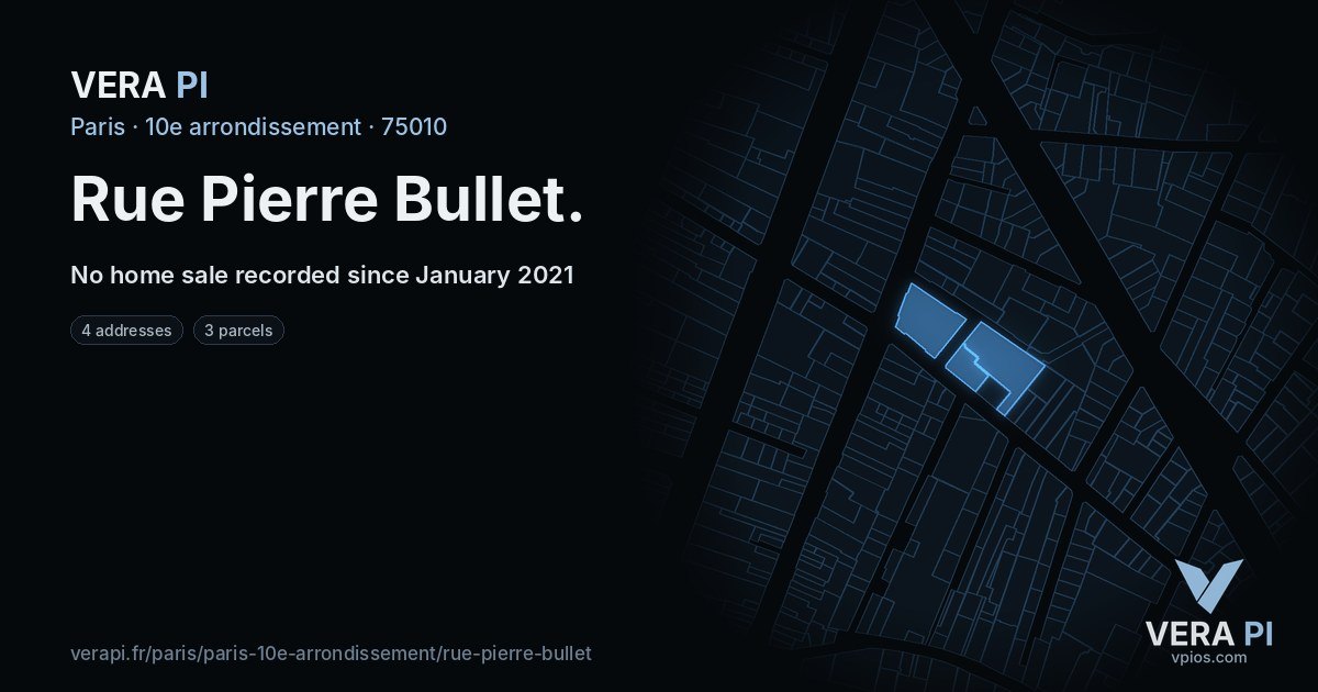 Rue Pierre Bullet, 10e arrondissement at night – every parcel coloured by the prices around it, the street's own parcels lit