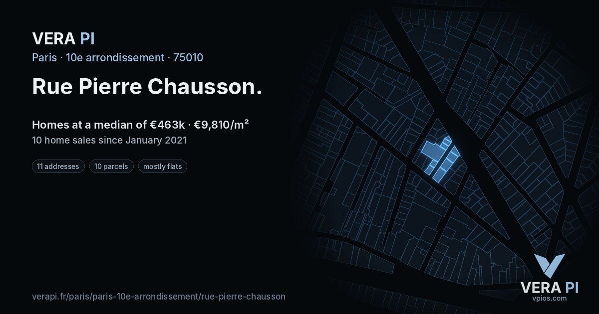 Rue Pierre Chausson, 10e arrondissement at night – every parcel coloured by the prices around it, the street's own parcels lit