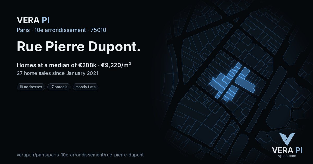 Rue Pierre Dupont, 10e arrondissement at night – every parcel coloured by the prices around it, the street's own parcels lit