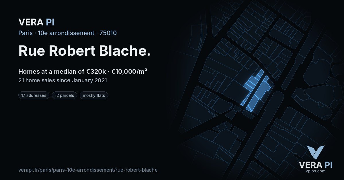 Rue Robert Blache, 10e arrondissement at night – every parcel coloured by the prices around it, the street's own parcels lit