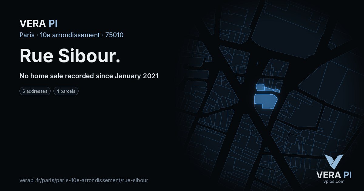 Rue Sibour, 10e arrondissement at night – every parcel coloured by the prices around it, the street's own parcels lit