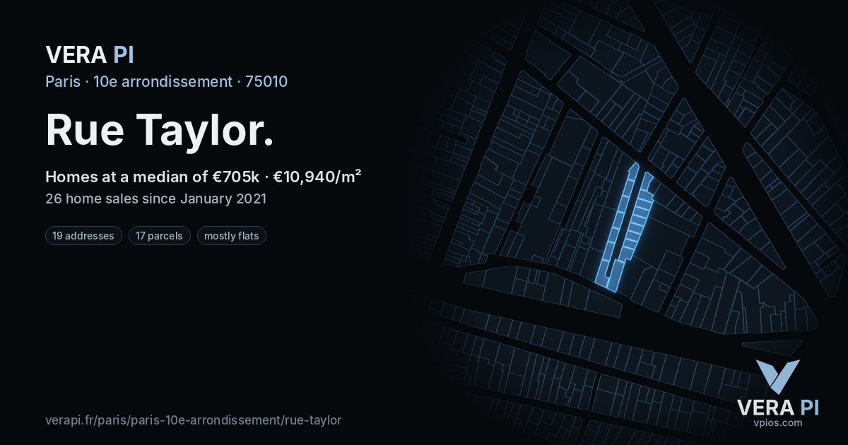 Rue Taylor, 10e arrondissement at night – every parcel coloured by the prices around it, the street's own parcels lit