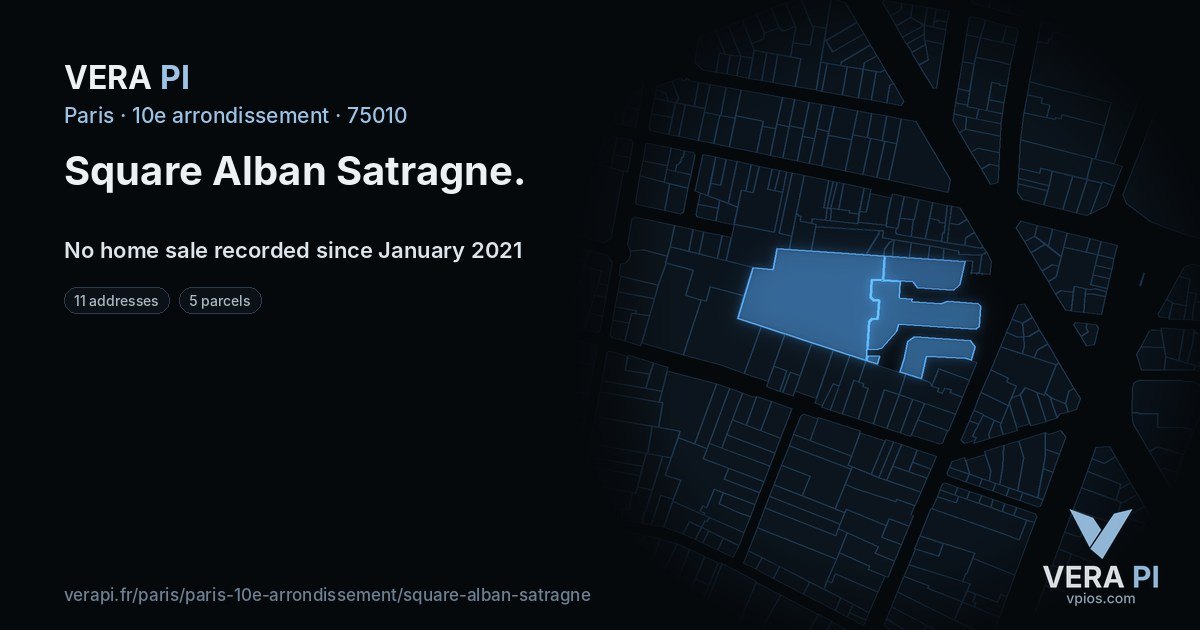 Square Alban Satragne, 10e arrondissement at night – every parcel coloured by the prices around it, the street's own parcels lit
