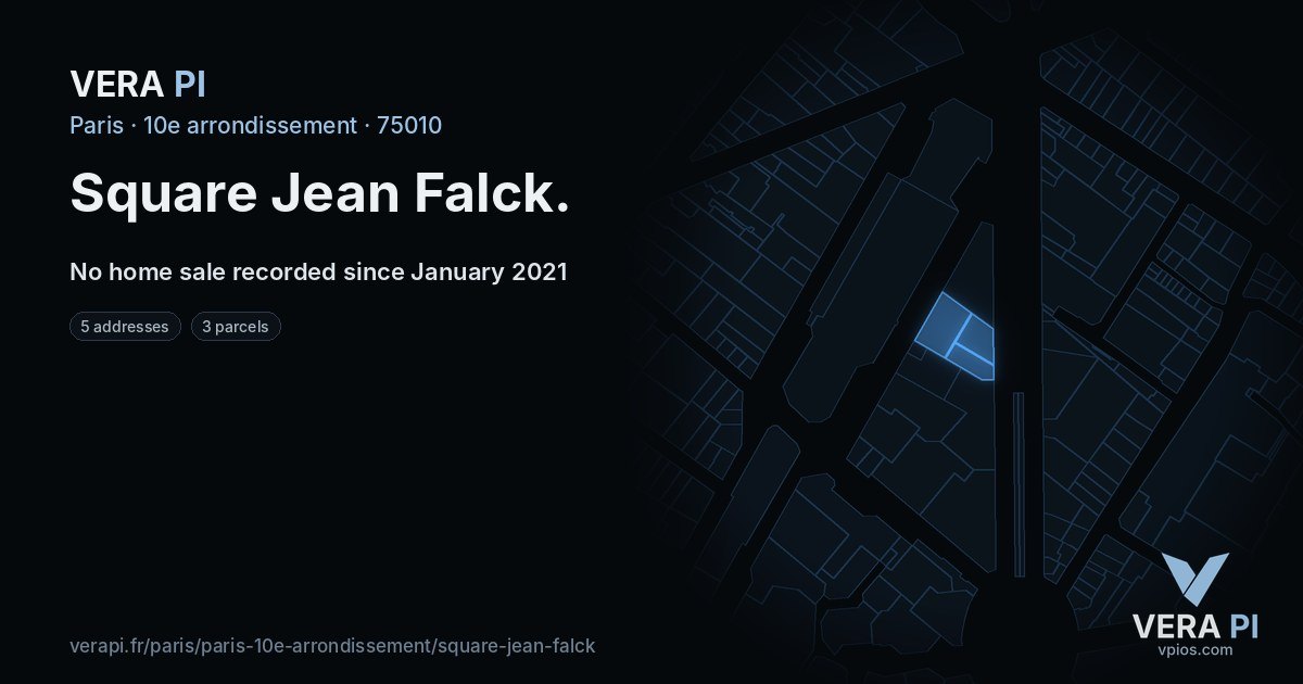 Square Jean Falck, 10e arrondissement at night – every parcel coloured by the prices around it, the street's own parcels lit