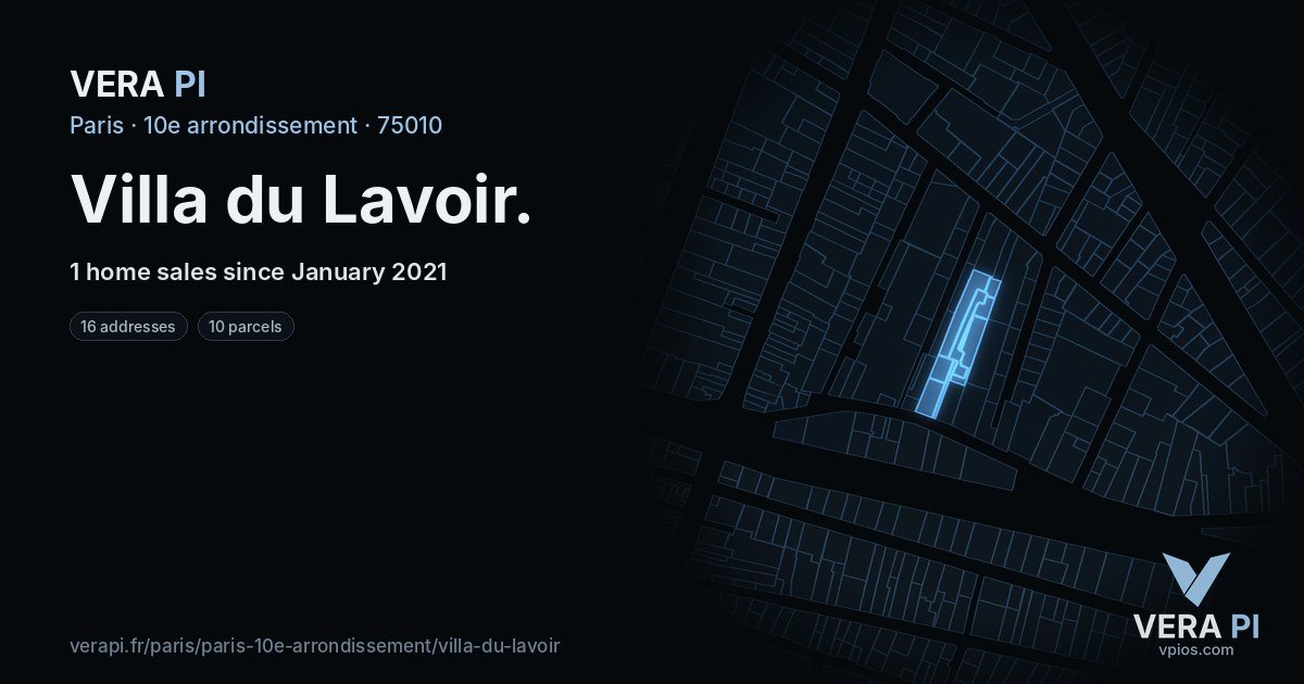 Villa du Lavoir, 10e arrondissement at night – every parcel coloured by the prices around it, the street's own parcels lit