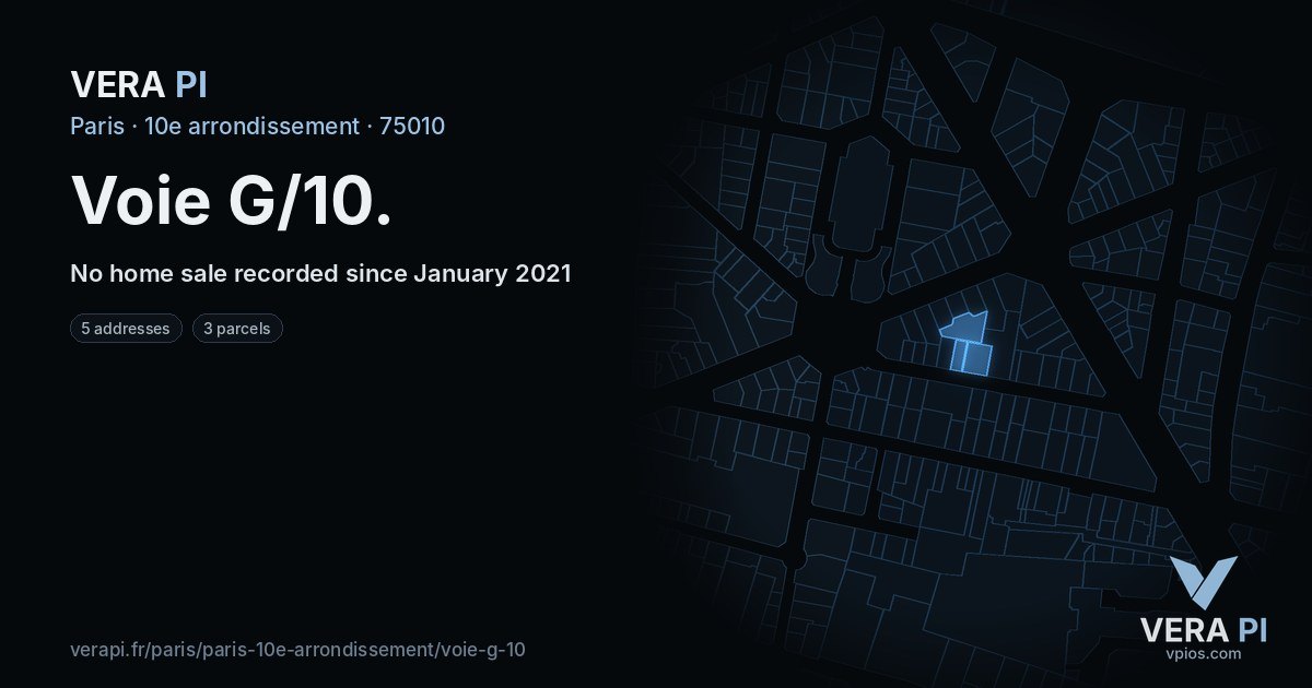 Voie G/10, 10e arrondissement at night – every parcel coloured by the prices around it, the street's own parcels lit