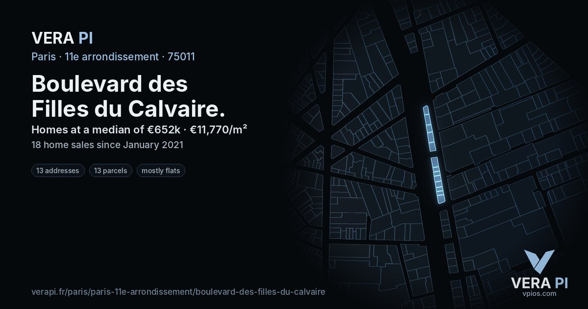 Boulevard des Filles du Calvaire, 11e arrondissement at night – every parcel coloured by the prices around it, the street's own parcels lit