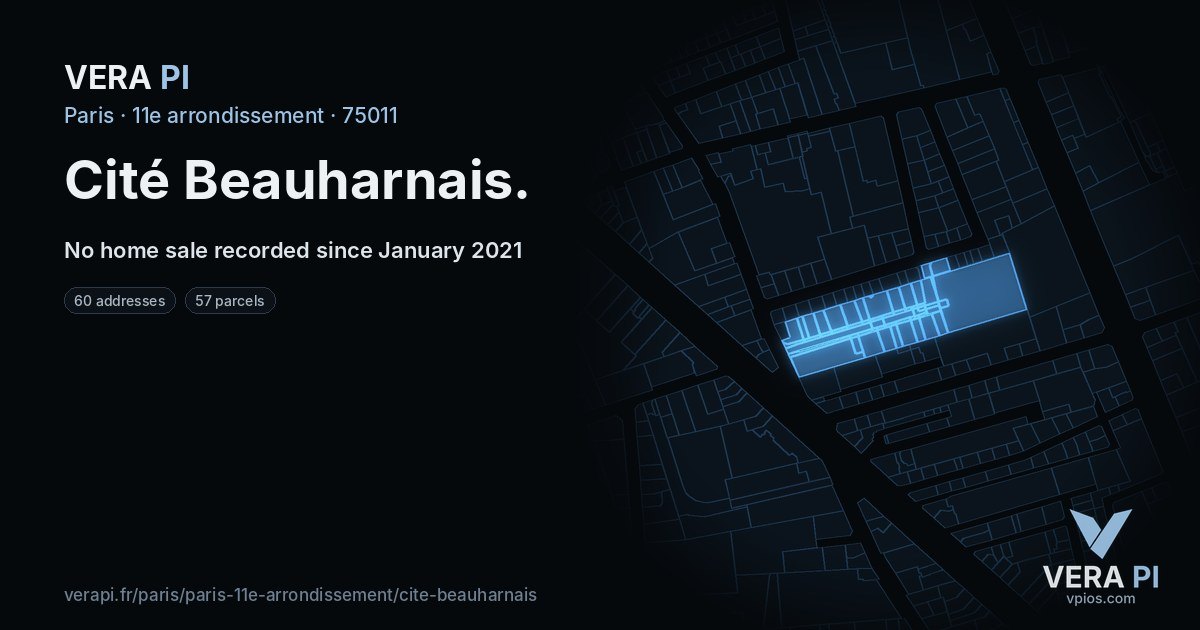 Cité Beauharnais, 11e arrondissement at night – every parcel coloured by the prices around it, the street's own parcels lit