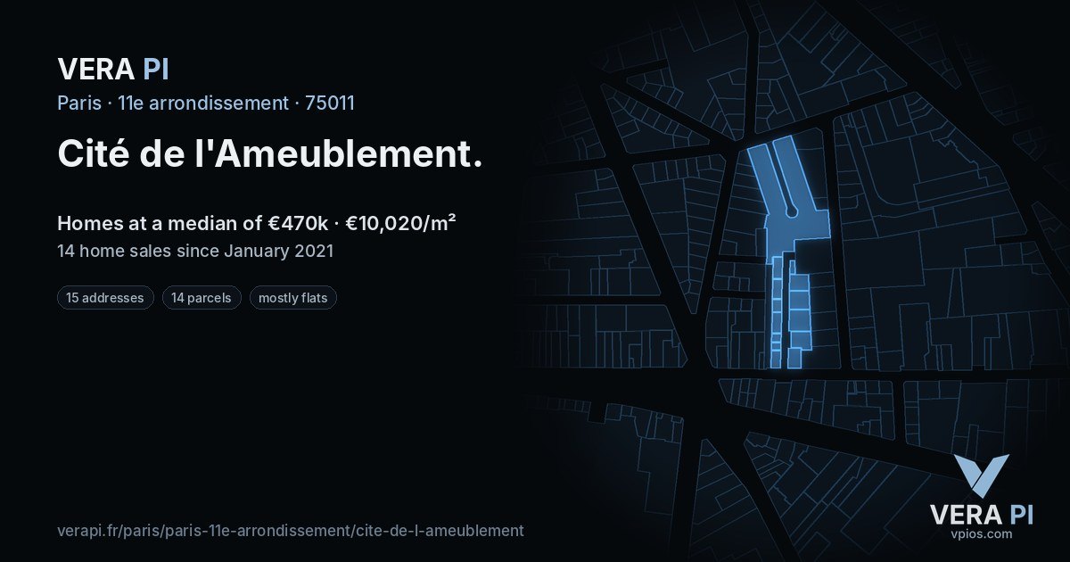 Cité de l'Ameublement, 11e arrondissement at night – every parcel coloured by the prices around it, the street's own parcels lit