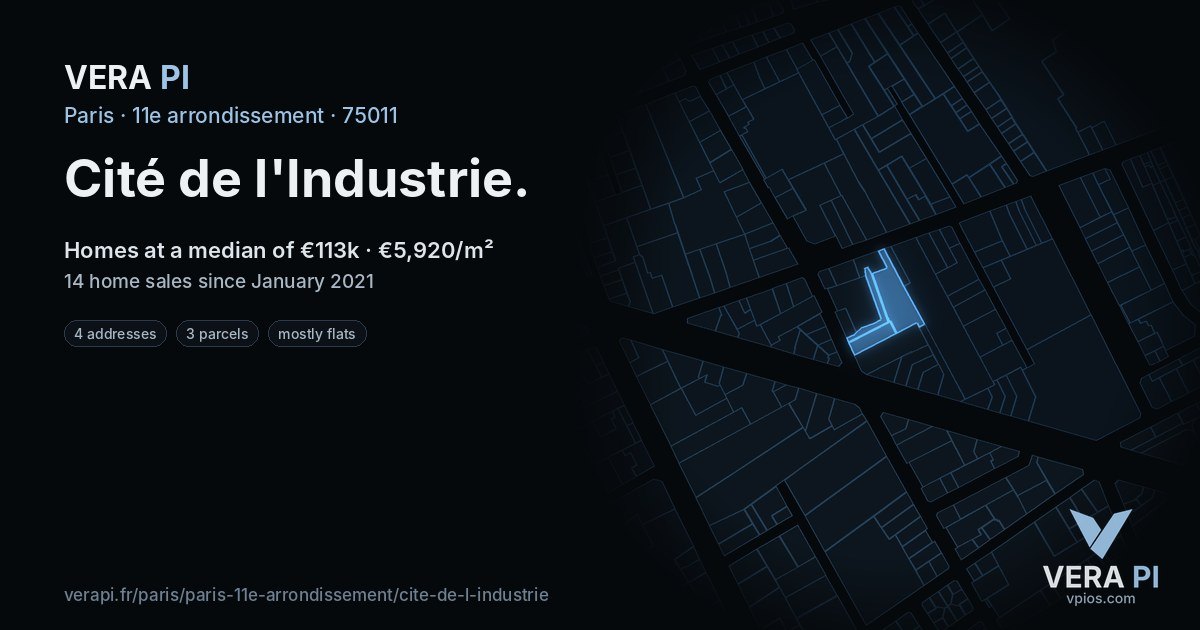 Cité de l'Industrie, 11e arrondissement at night – every parcel coloured by the prices around it, the street's own parcels lit