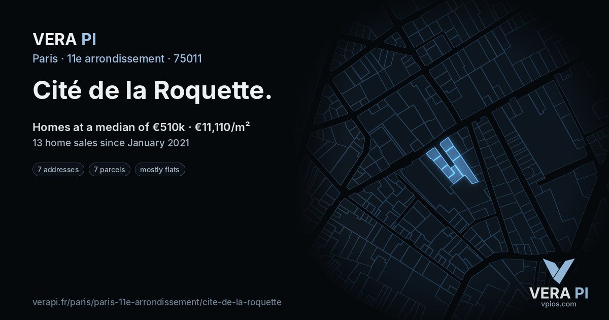 Cité de la Roquette, 11e arrondissement at night – every parcel coloured by the prices around it, the street's own parcels lit