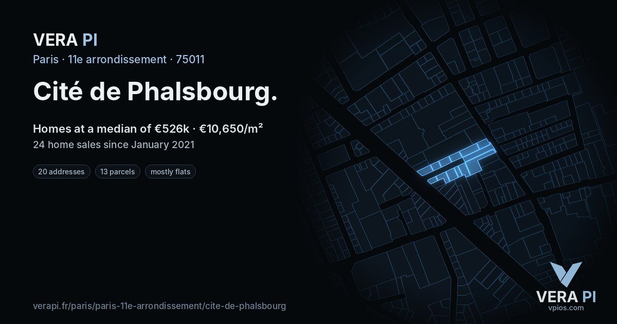 Cité de Phalsbourg, 11e arrondissement at night – every parcel coloured by the prices around it, the street's own parcels lit