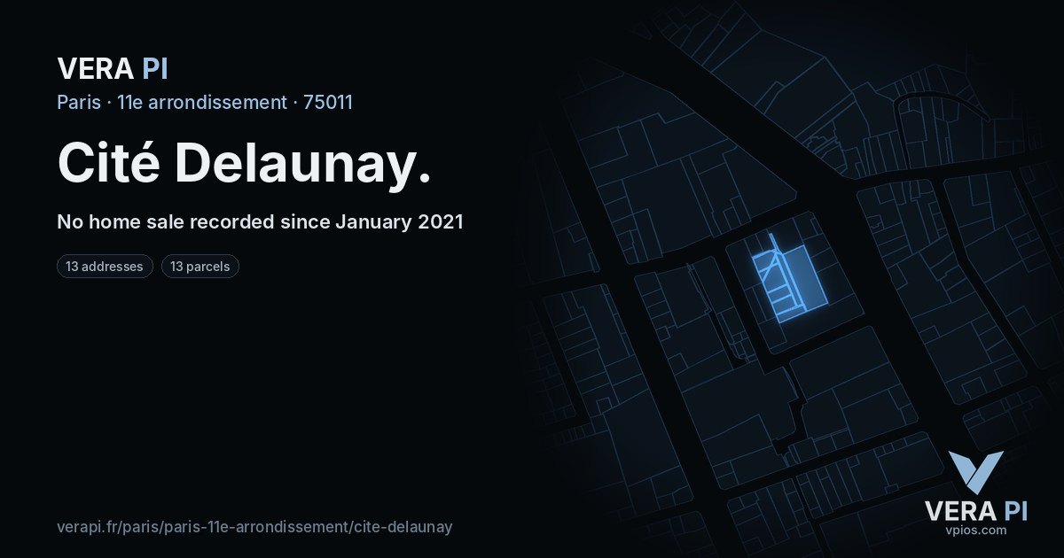 Cité Delaunay, 11e arrondissement at night – every parcel coloured by the prices around it, the street's own parcels lit