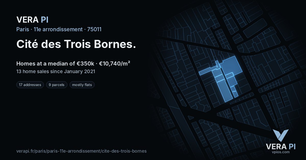 Cité des Trois Bornes, 11e arrondissement at night – every parcel coloured by the prices around it, the street's own parcels lit