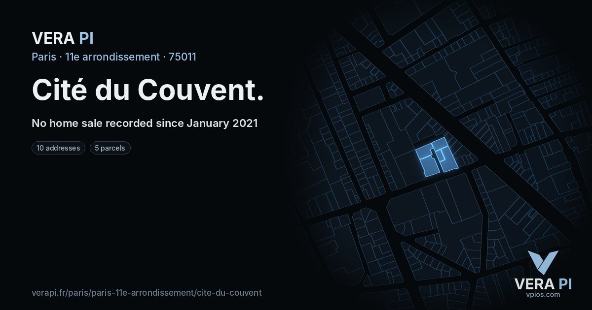 Cité du Couvent, 11e arrondissement at night – every parcel coloured by the prices around it, the street's own parcels lit