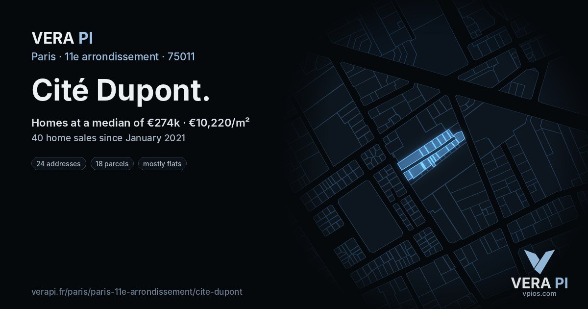 Cité Dupont, 11e arrondissement at night – every parcel coloured by the prices around it, the street's own parcels lit