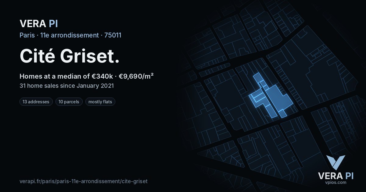Cité Griset, 11e arrondissement at night – every parcel coloured by the prices around it, the street's own parcels lit