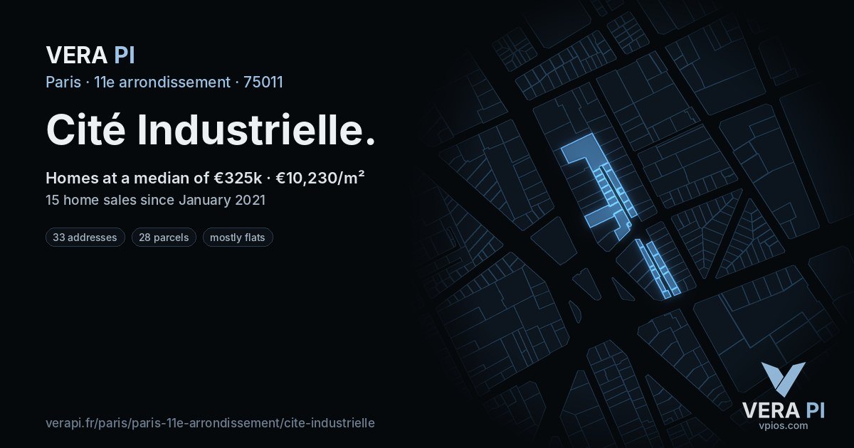 Cité Industrielle, 11e arrondissement at night – every parcel coloured by the prices around it, the street's own parcels lit