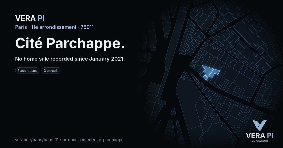 Cité Parchappe, 11e arrondissement at night – every parcel coloured by the prices around it, the street's own parcels lit