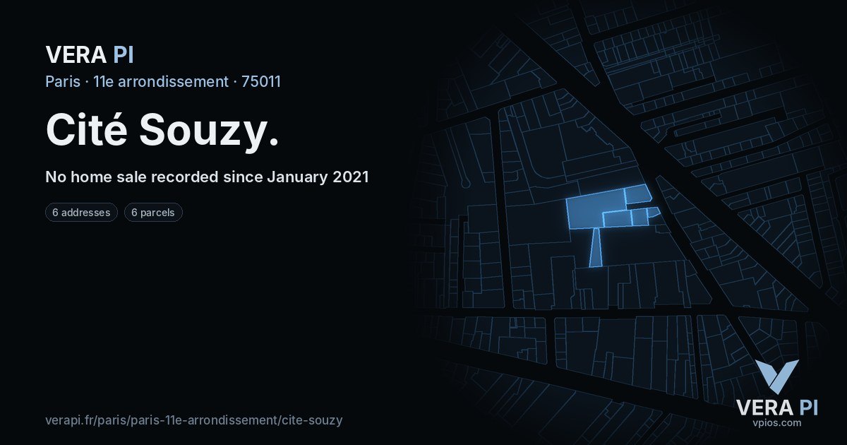Cité Souzy, 11e arrondissement at night – every parcel coloured by the prices around it, the street's own parcels lit