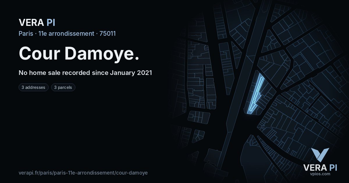 Cour Damoye, 11e arrondissement at night – every parcel coloured by the prices around it, the street's own parcels lit