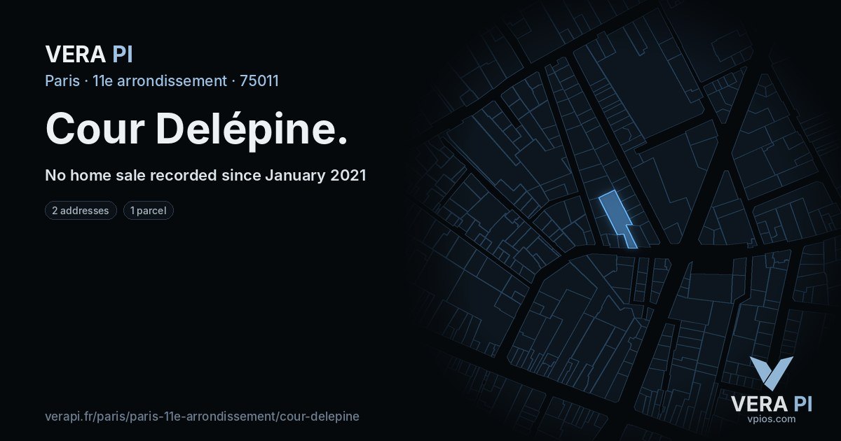 Cour Delépine, 11e arrondissement at night – every parcel coloured by the prices around it, the street's own parcels lit