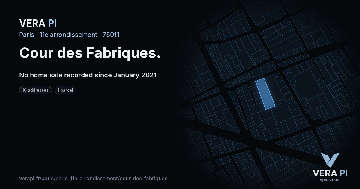 Cour des Fabriques, 11e arrondissement at night – every parcel coloured by the prices around it, the street's own parcels lit
