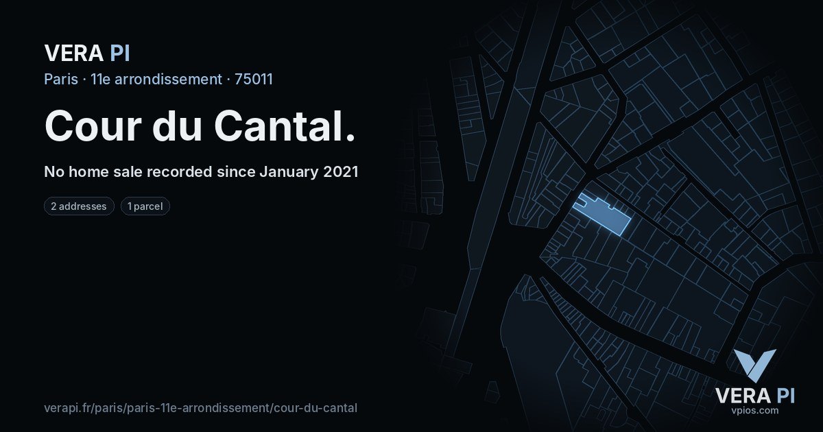 Cour du Cantal, 11e arrondissement at night – every parcel coloured by the prices around it, the street's own parcels lit