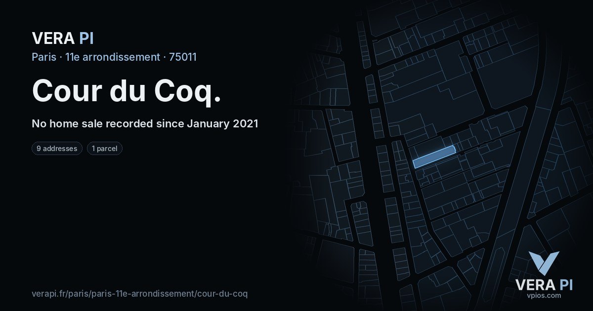 Cour du Coq, 11e arrondissement at night – every parcel coloured by the prices around it, the street's own parcels lit