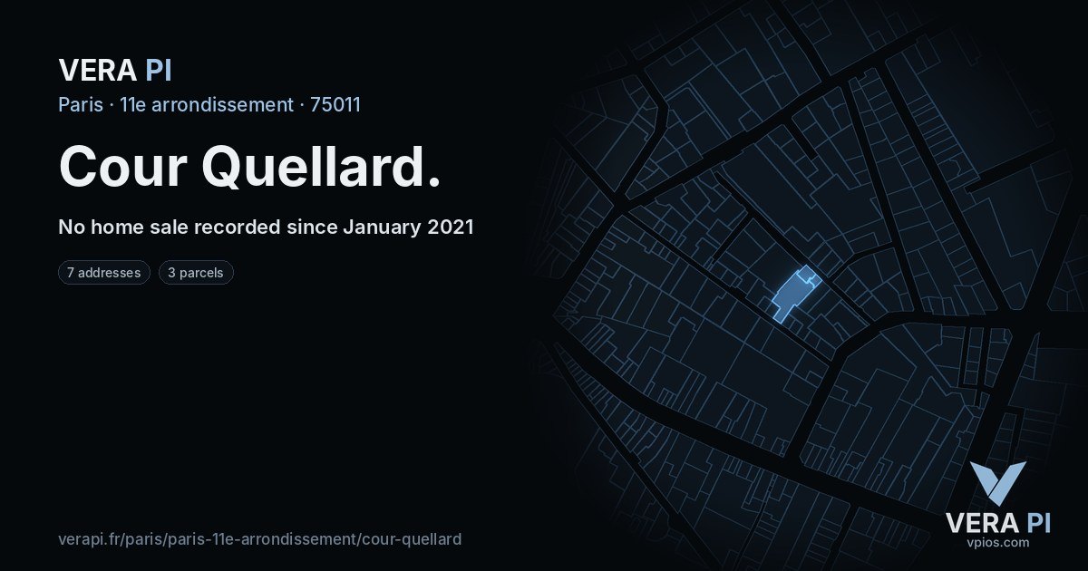 Cour Quellard, 11e arrondissement at night – every parcel coloured by the prices around it, the street's own parcels lit