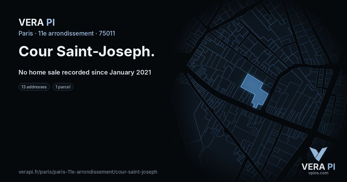 Cour Saint-Joseph, 11e arrondissement at night – every parcel coloured by the prices around it, the street's own parcels lit