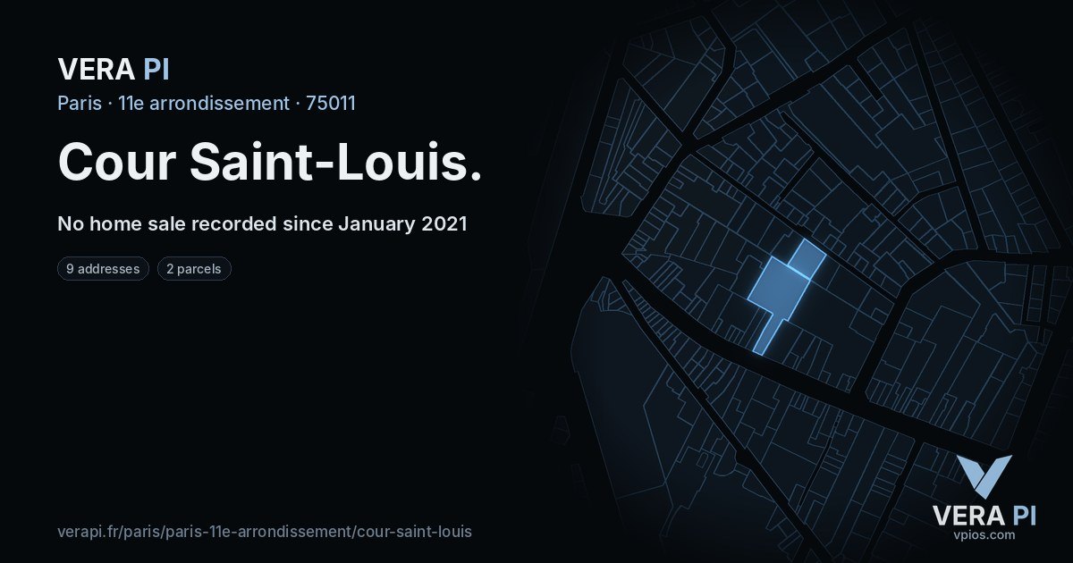 Cour Saint-Louis, 11e arrondissement at night – every parcel coloured by the prices around it, the street's own parcels lit