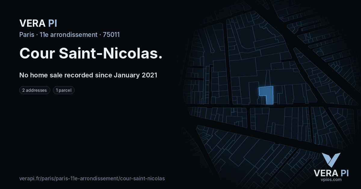 Cour Saint-Nicolas, 11e arrondissement at night – every parcel coloured by the prices around it, the street's own parcels lit