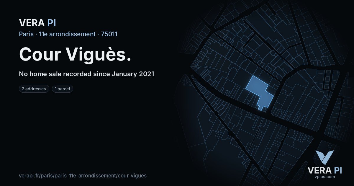 Cour Viguès, 11e arrondissement at night – every parcel coloured by the prices around it, the street's own parcels lit