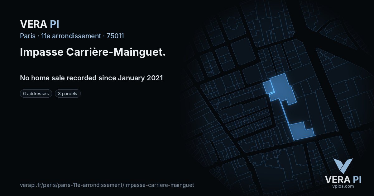 Impasse Carrière-Mainguet, 11e arrondissement at night – every parcel coloured by the prices around it, the street's own parcels lit