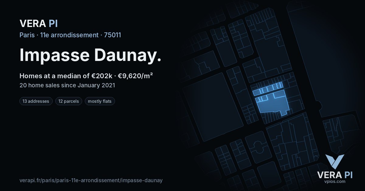 Impasse Daunay, 11e arrondissement at night – every parcel coloured by the prices around it, the street's own parcels lit