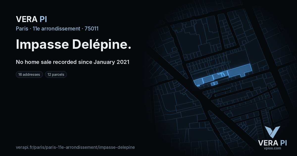 Impasse Delépine, 11e arrondissement at night – every parcel coloured by the prices around it, the street's own parcels lit