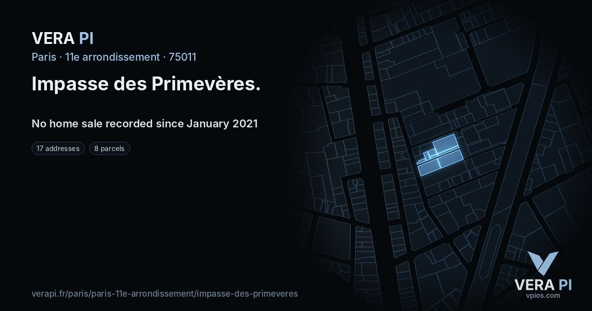 Impasse des Primevères, 11e arrondissement at night – every parcel coloured by the prices around it, the street's own parcels lit