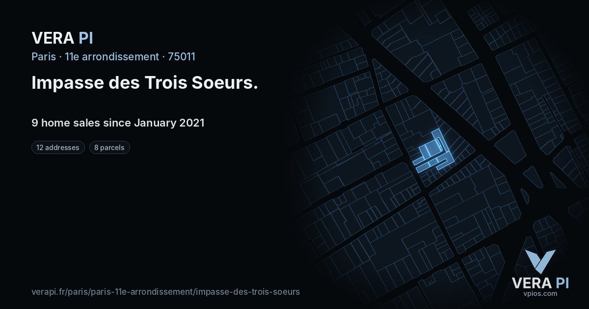 Impasse des Trois Soeurs, 11e arrondissement at night – every parcel coloured by the prices around it, the street's own parcels lit
