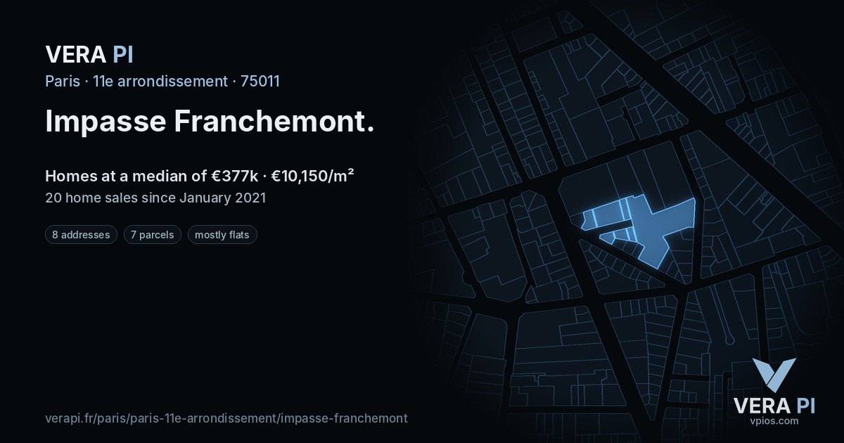 Impasse Franchemont, 11e arrondissement at night – every parcel coloured by the prices around it, the street's own parcels lit