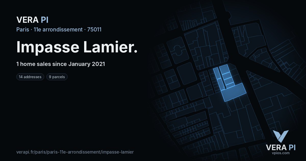 Impasse Lamier, 11e arrondissement at night – every parcel coloured by the prices around it, the street's own parcels lit