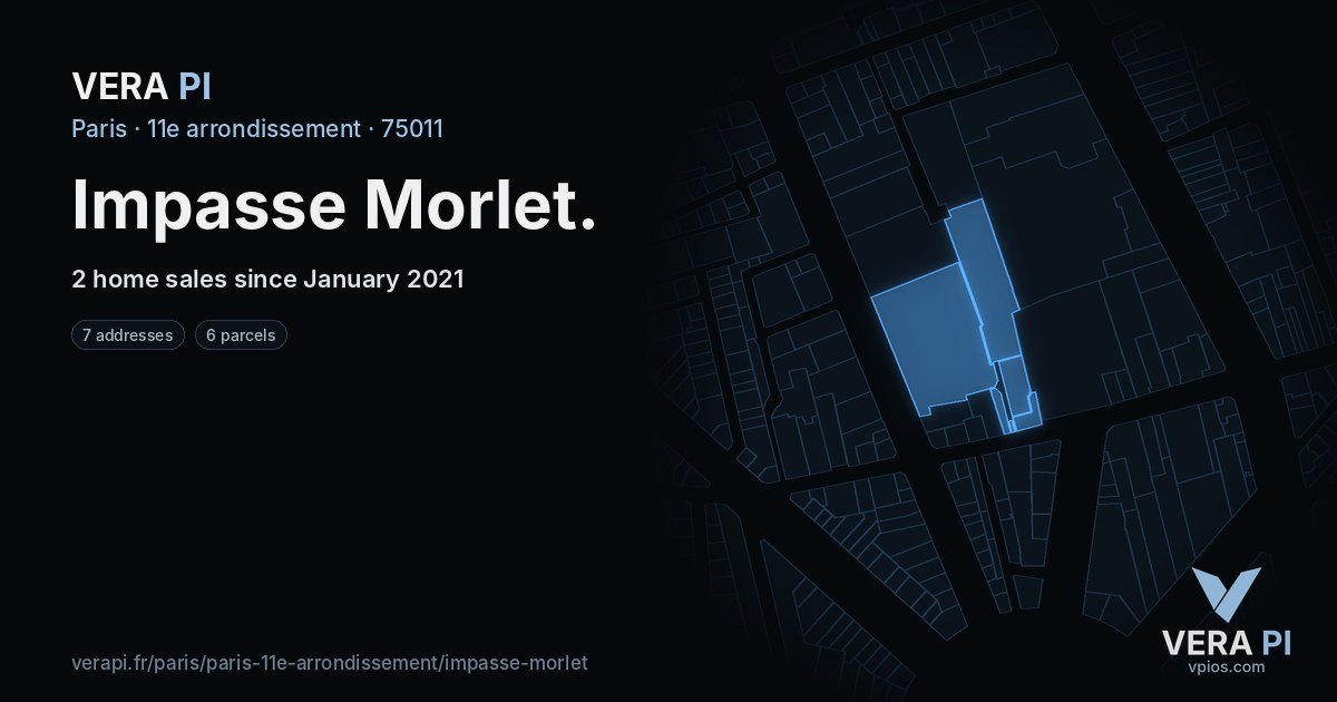 Impasse Morlet, 11e arrondissement at night – every parcel coloured by the prices around it, the street's own parcels lit