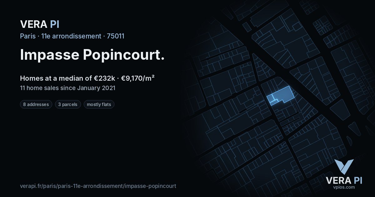 Impasse Popincourt, 11e arrondissement at night – every parcel coloured by the prices around it, the street's own parcels lit