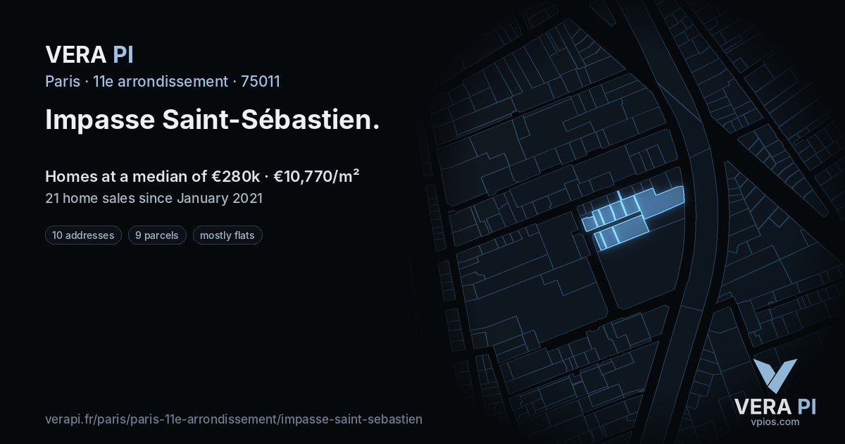 Impasse Saint-Sébastien, 11e arrondissement at night – every parcel coloured by the prices around it, the street's own parcels lit
