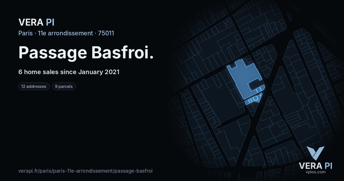 Passage Basfroi, 11e arrondissement at night – every parcel coloured by the prices around it, the street's own parcels lit