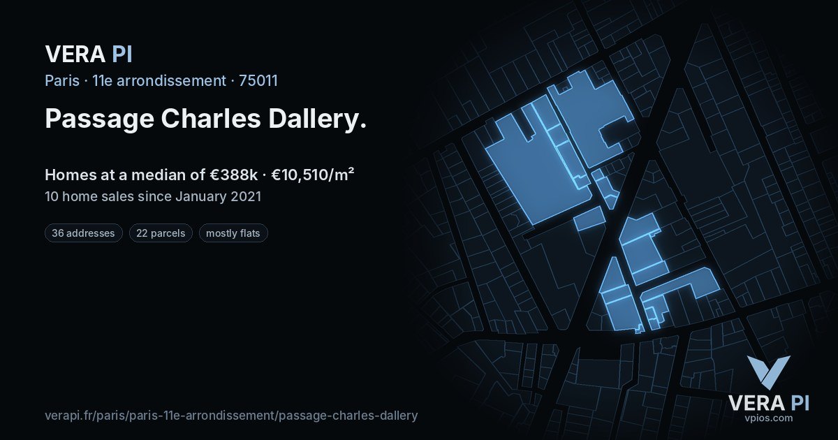 Passage Charles Dallery, 11e arrondissement at night – every parcel coloured by the prices around it, the street's own parcels lit