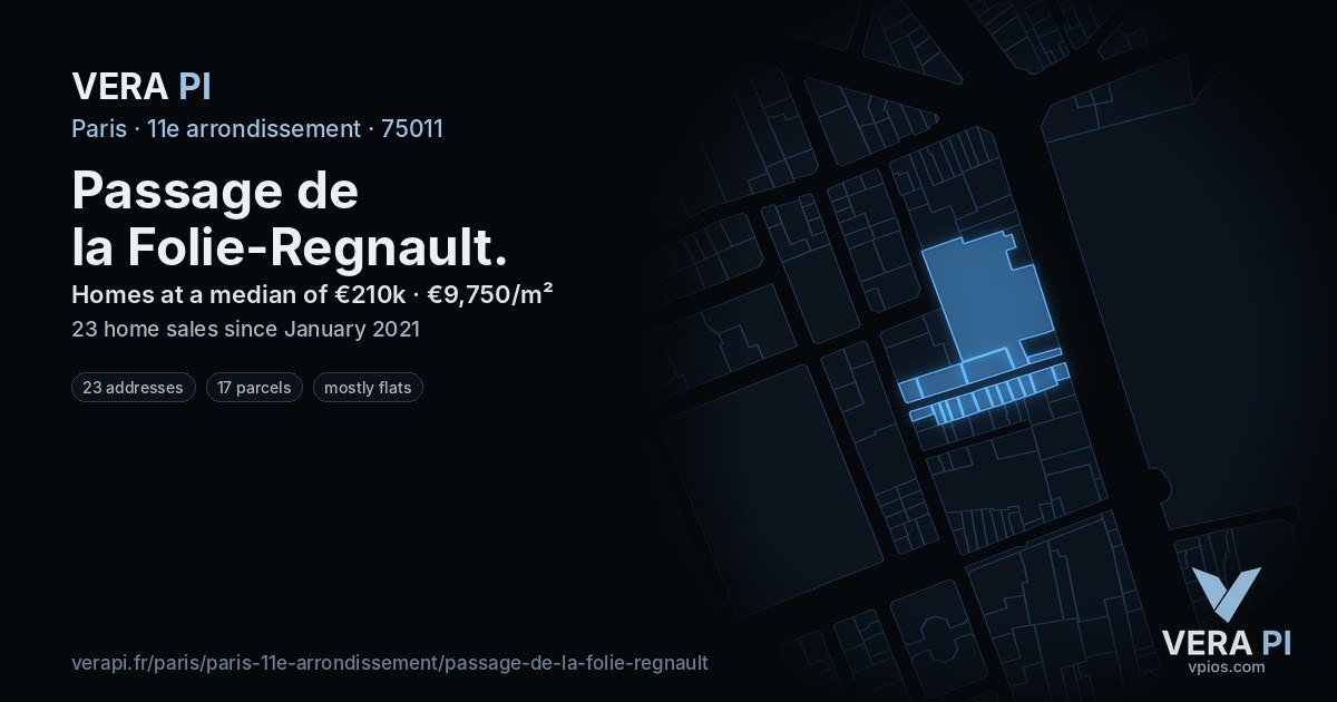 Passage de la Folie-Regnault, 11e arrondissement at night – every parcel coloured by the prices around it, the street's own parcels lit
