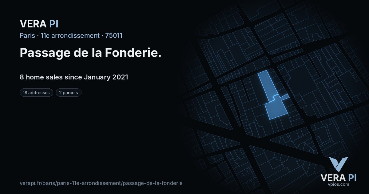 Passage de la Fonderie, 11e arrondissement at night – every parcel coloured by the prices around it, the street's own parcels lit